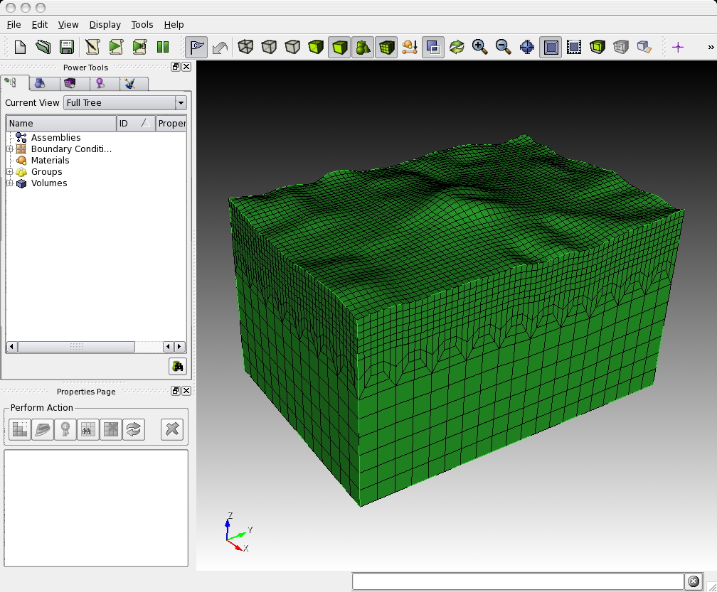 Example of the graphical user interface of CUBIT. The hexahedral mesh shown in the main display consists of a hexahedral discretization of a single volume with topography.