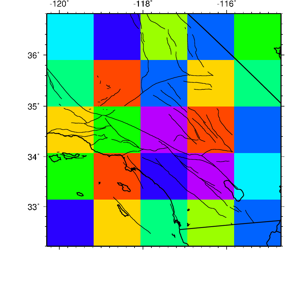 For parallel computing purposes, the model block is subdivided in $\nprocxi\times\nproceta$ slices of elements. In this example we use $5^{2}=25$ processors. 