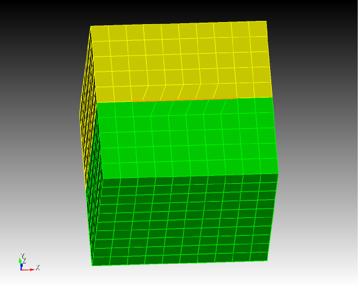 Screenshots of a CUBIT example showing split nodes for a fault reaching the surface. Surface trace of the fault is shown in orange. Note that the edges of the fault are not split while the interior nodes are offset by a small distance on either side of the fault